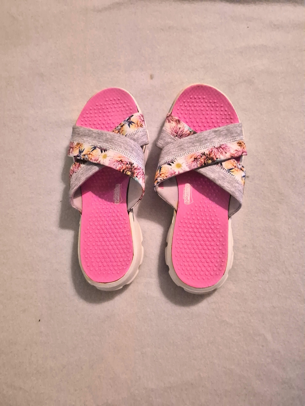 Skechers Pink Floral Cross-Strap Gogamat Slides.